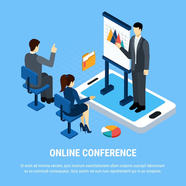 Business people isometric, group of office workers during online presentation vector illustration