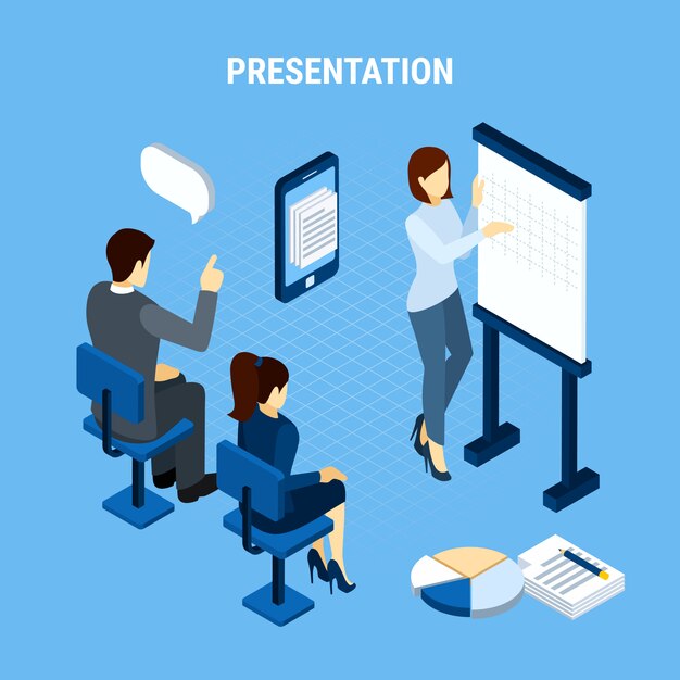 Business people isometric with infographic pictogram elements thought bubbles and office team members vector illustration