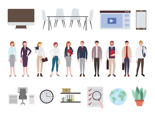 Business people and office equipment icons