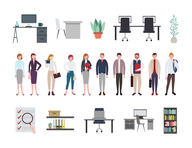 Business people and office equipment icons