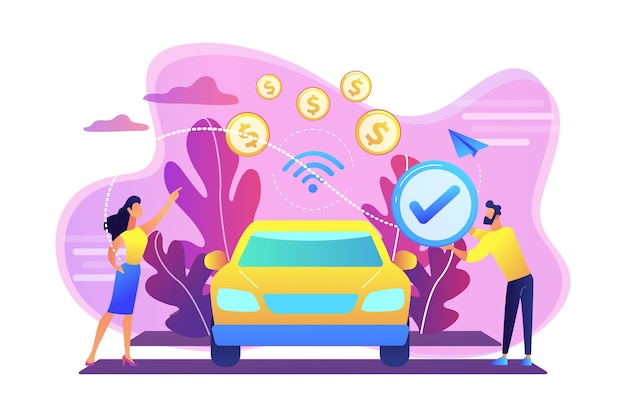 Business people paying in vehicle equiped with in-car payment system. In vehicle payments, in-car payment technology, modern retail services concept. Bright vibrant violet  isolated illustration