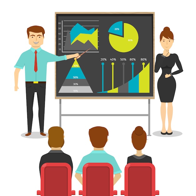 Free vector business people at presentation design of young man and woman near board with digrams statistics