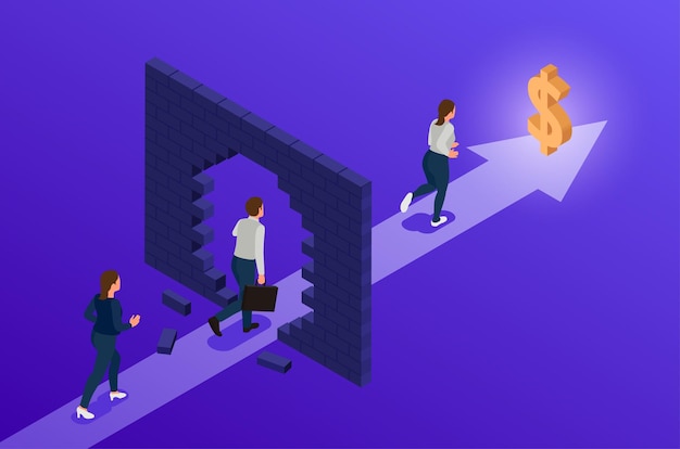 Free vector business people running to their goal breaking brick wall isometric concept on color background vector illustration