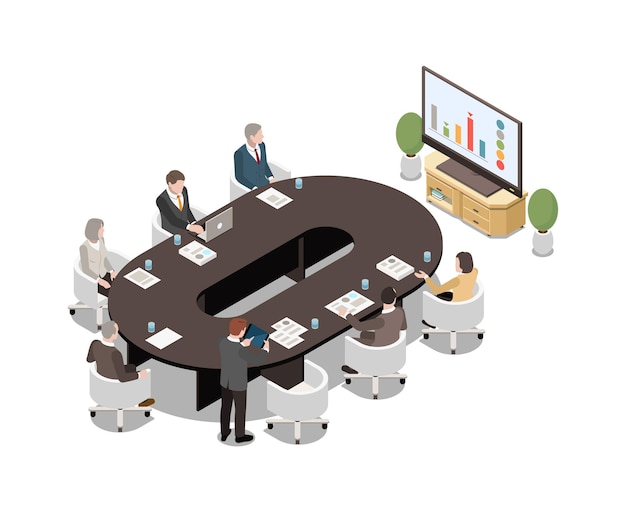 Free Vector business people sitting at oval desk watching lcd screen presentation in meeting room 3d isometric