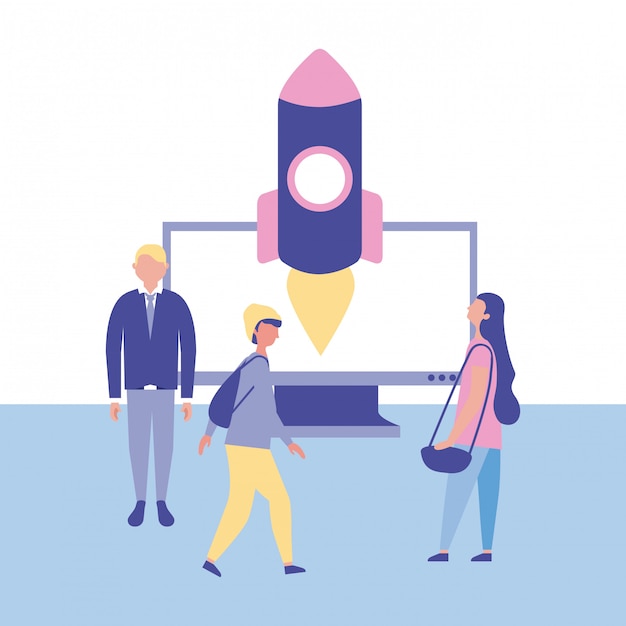 Free Vector business people with rocket. startup concept