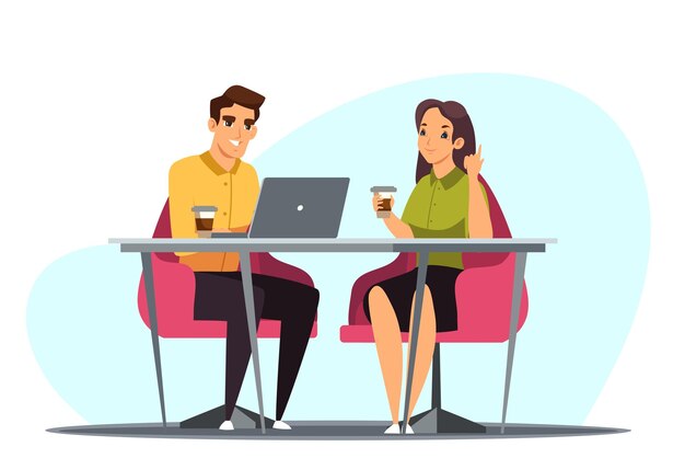 Business people work together on project or analysis of strategy Two female and male professional employees planning project young woman drinking coffee man sitting with laptop managers teamwork