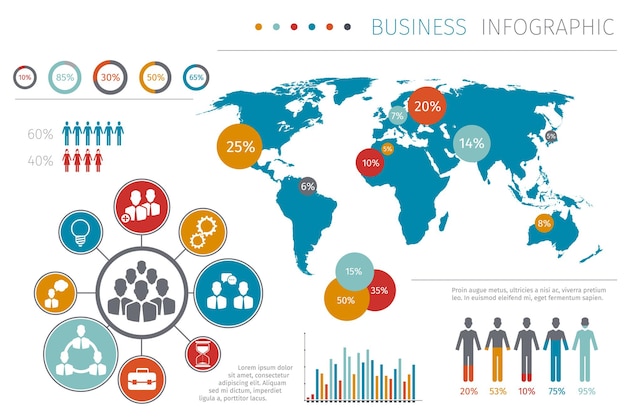 Free Vector business people world map infographic illustration, business map with element graphic and chart.