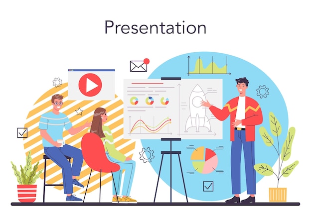 Business presentation concept Businesspeople in front of group of coworker Presenting business plan or report on a seminar Pointing at the graph Flat vector illustration