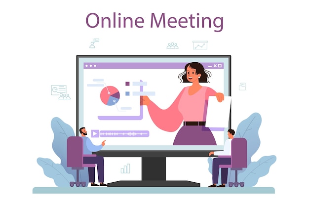 Free vector business presentation online service or platform presenting business plan or report on a seminar online meeting flat vector illustration