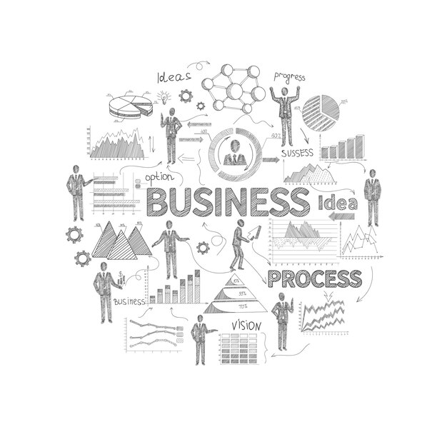 Business process concept with sketch personnel and finance report charts