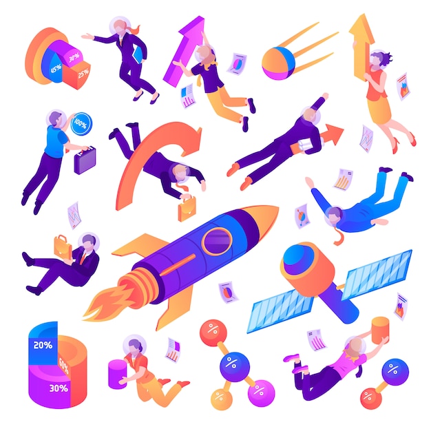 Business space isometric set of different flying spacecrafts people and business symbols isolated