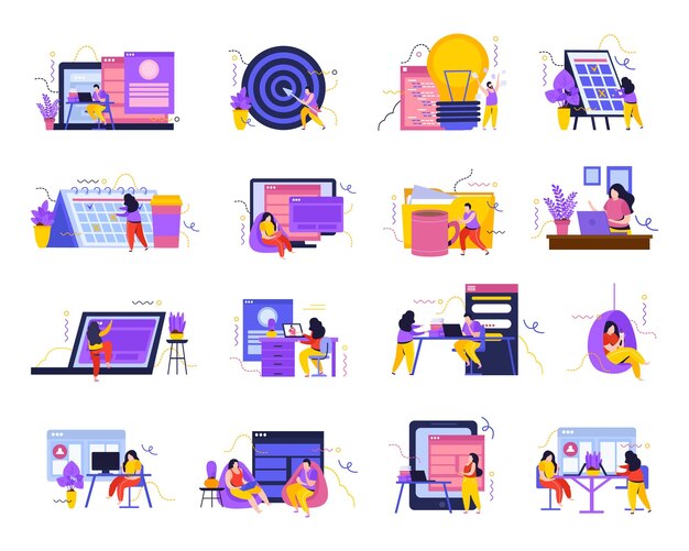 Business space set of flat isolated icons human characters of workers computers gadgets and working place vector illustration