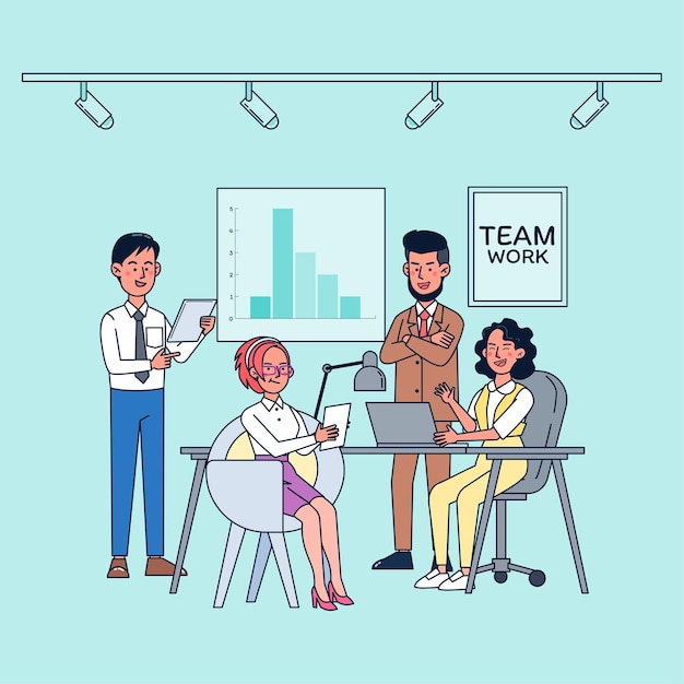 Business staff talking and working at the computers meeting room. flat illustration  