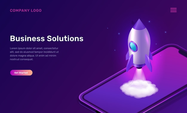 Business start up isometric concept with rocket