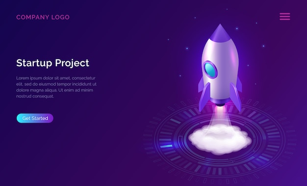 Business start up landing page, isometric rocket