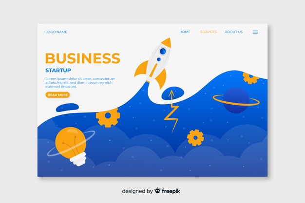 Business startup landing page with sky above clouds and space rocket