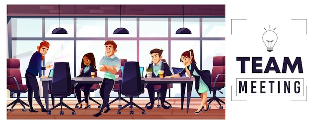 Business startup team meeting cartoon concept with entrepreneurs or office workers