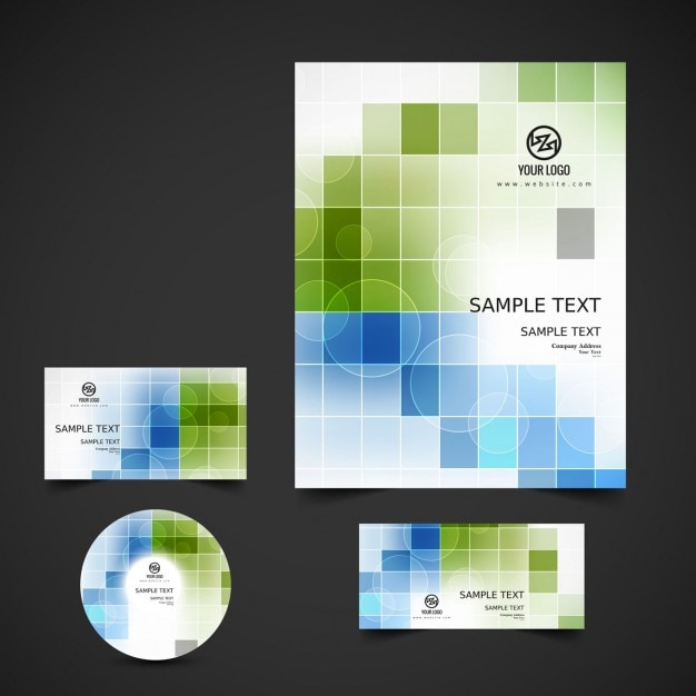 Free Vector business stationery with green and blue squares