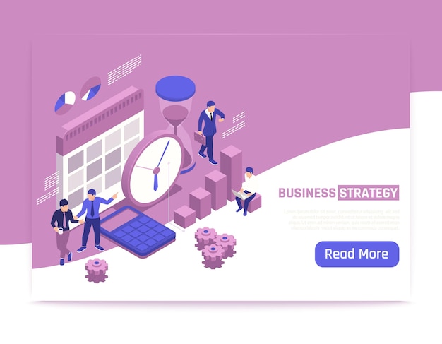 Business strategy isometric banner with creative people discussing business development plans