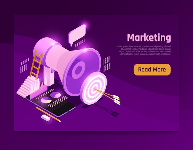 Business strategy isometric page design with marketing symbols  illustration