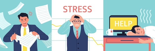 Free vector business stress and professional burnout scenes flat isolated vector illustration