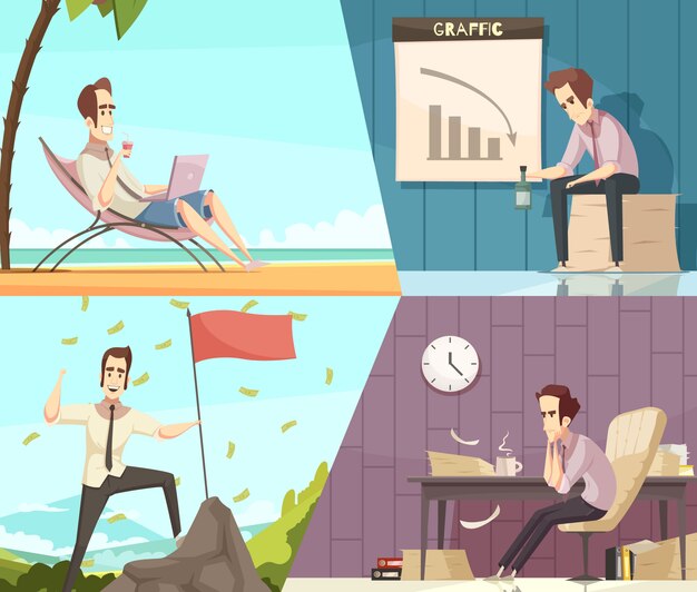 Business success and failure concept 2 retro cartoon banners with money rain and frustration isolated 