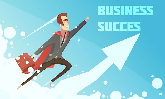 Business success symbolic cartoon growth poster with smiling businessmen climbing up increasing graphic arrow background