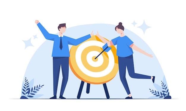 Free Vector business target achievement concept the young businessman is happy that the business is as successful as an arrow that shoots accurately into the center of the target vector illustration