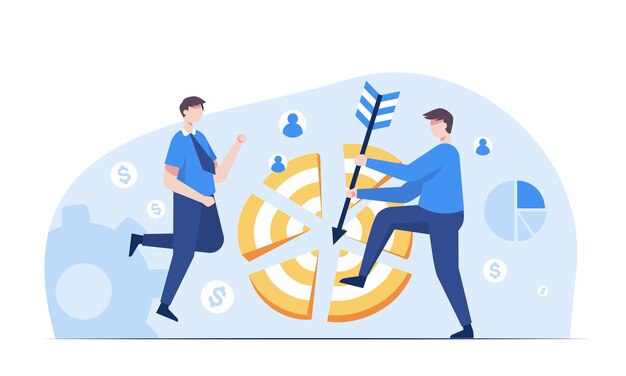 Business target achievement concept The young businessman is happy that the business is as successful as an arrow that shoots accurately into the center of the target Vector illustration