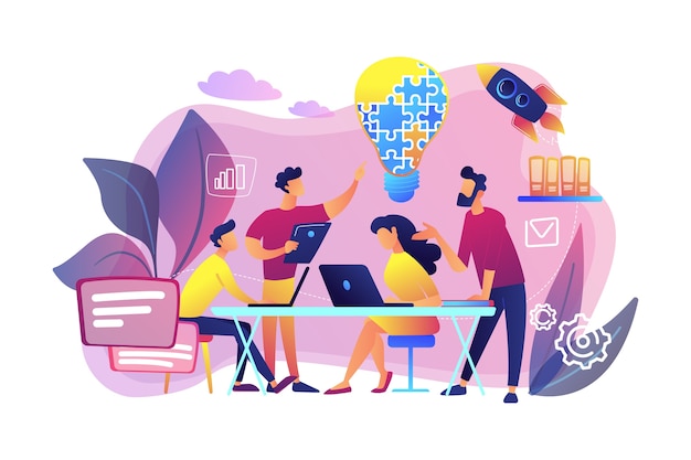 Business team brainstorm idea and lightbulb from jigsaw. Working team collaboration, enterprise cooperation, colleagues mutual assistance concept. Bright vibrant violet  isolated illustration