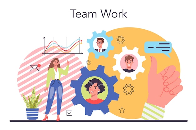 Business team concept Idea of strategy and achievement in teamwork Team building group of people work together for business development Communication and cooperation Vector flat illustration