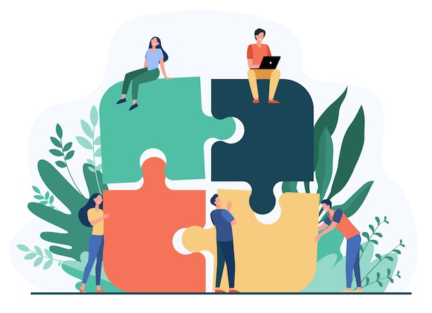 Business team putting together jigsaw puzzle isolated flat vector illustration. Cartoon partners working in connection. Teamwork, partnership and cooperation concept