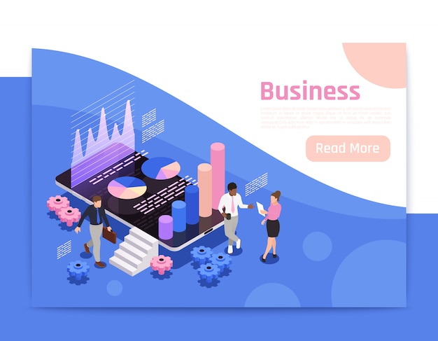 Business teamwork isometric page design with diagrams and charts  illustration