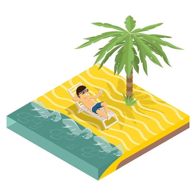 Business vacation. Businessman on beach under palm tree in isometric view