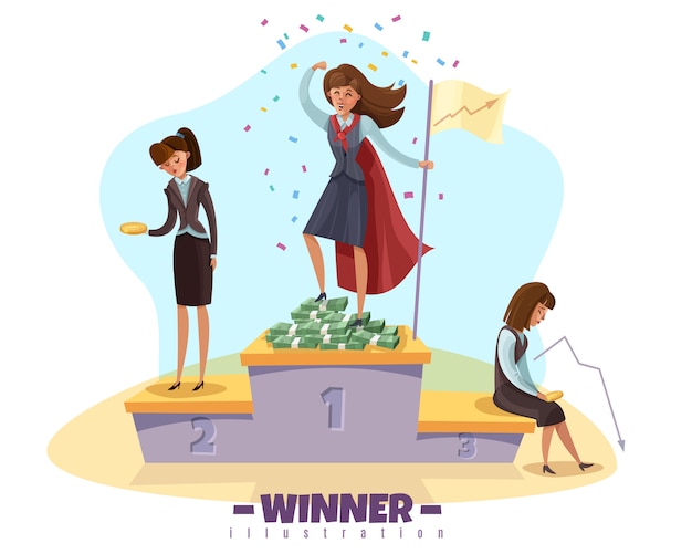 Business winner loser  with businesswomen female doodle style characters on winners poduim with editable text