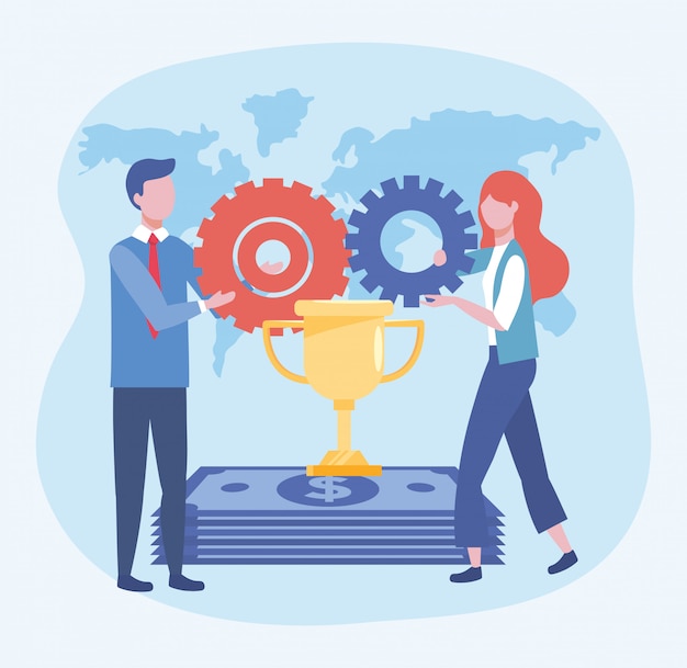 Free Vector business woman and business man with cup prize and gears