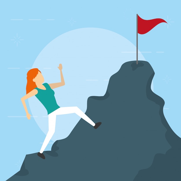 Business woman climbing mountain flag, flat style