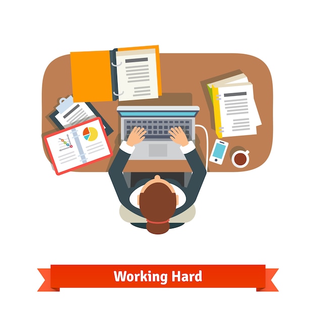 Free Vector business woman working hard sitting at the desk