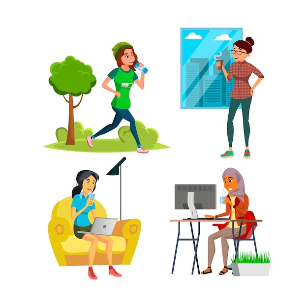 Business Women Drinking Tasty Beverage Set Vector Businesswomen Drinking Hot Coffee And Tea Drink In Office Enjoying Juice At Home Running And Refreshing Water Character Flat Cartoon Illustrations