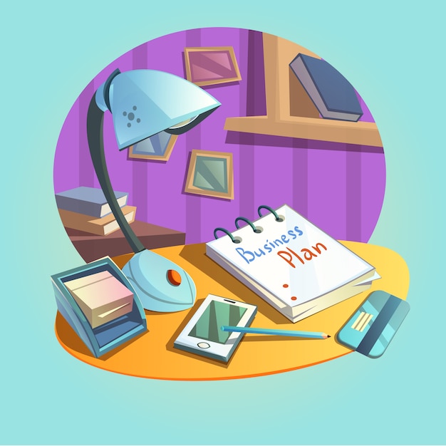 Free Vector business workplace concept with desk and office items retro cartoon style