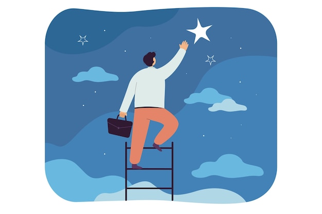 Free Vector businessman catching star, climbing ladder to sky