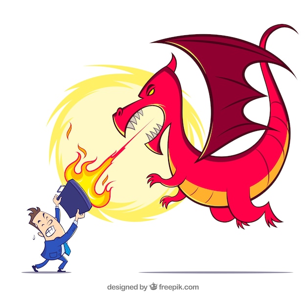 Businessman character fighting with a dragon