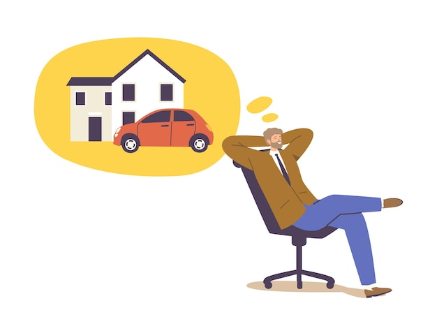 Businessman Character Sitting in Relaxed Pose on Chair Dreaming of Big House and Car