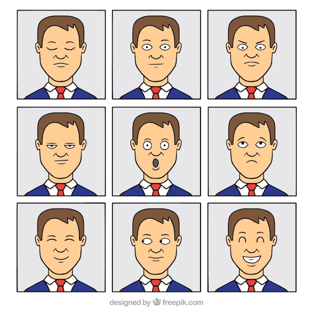 Businessman character with nine facial expressions