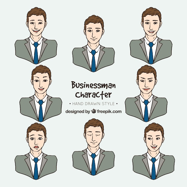 Free Vector businessman character with several facial expressions