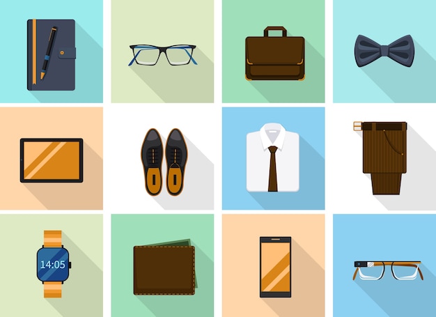 Businessman clothes and gadgets in flat style. Fashion shoes and notebook and wallet, smartphone and smartglasses.