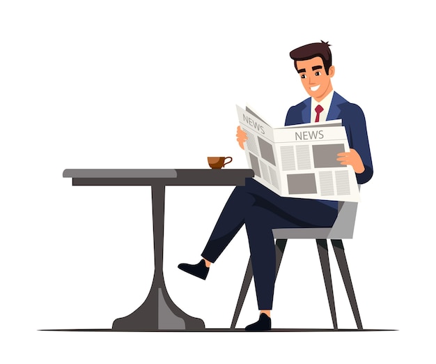 Businessman drink coffee cafe during work break company employee character sitting at table reading daily newspaper enjoying hot aroma beverage Relaxation and refreshment