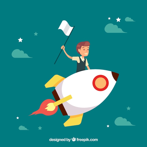 Free vector businessman flying in a rocket with flag