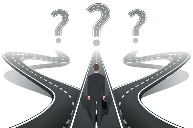 Free Vector businessman in front of question with roads.