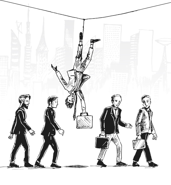 Free vector businessman hanging by a rope on a urban city background hand drawn sketch vector illustration